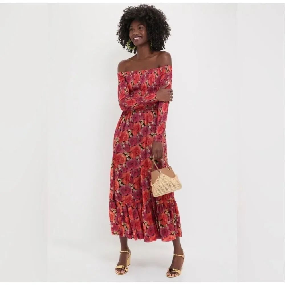 TUCKERNUCK POMANDER PLACE Rose Chiffon Joni Dress Smocked Off Shoulder Long Slee